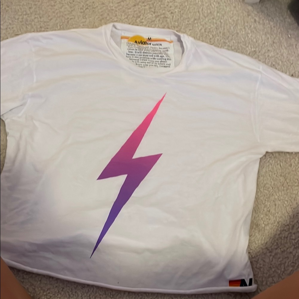 White T-Shirt with Pink and Purple Lightning Bolt